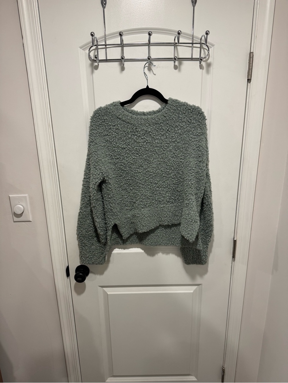 Pink Rose Sage Green Bouclé Crewneck Sweater